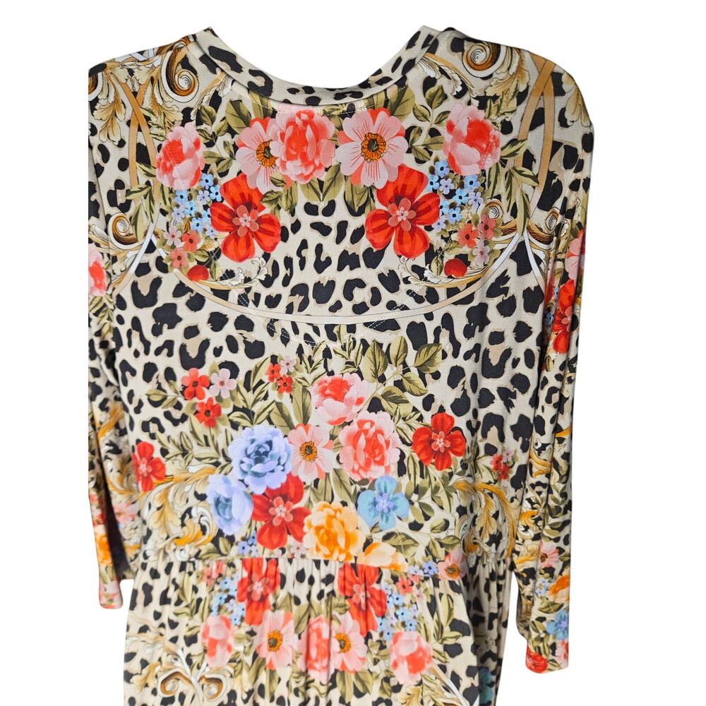 Johnny Was Tiered Boho Chic Midi Dress Animal Floral Print Sz L 3/4 Sleeves - Picture 6 of 8